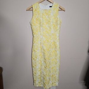 Badgley Mischka Yellow White Lace Jacquard Butterfly Sheath Dress